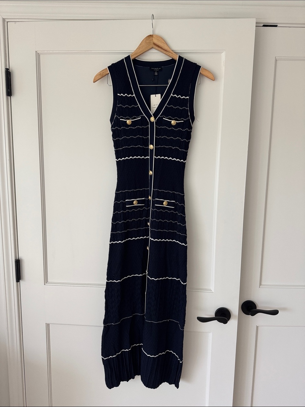 Current Air Navy Sleeveless Knit Maxi Dress with White Trim and Gold Buttons